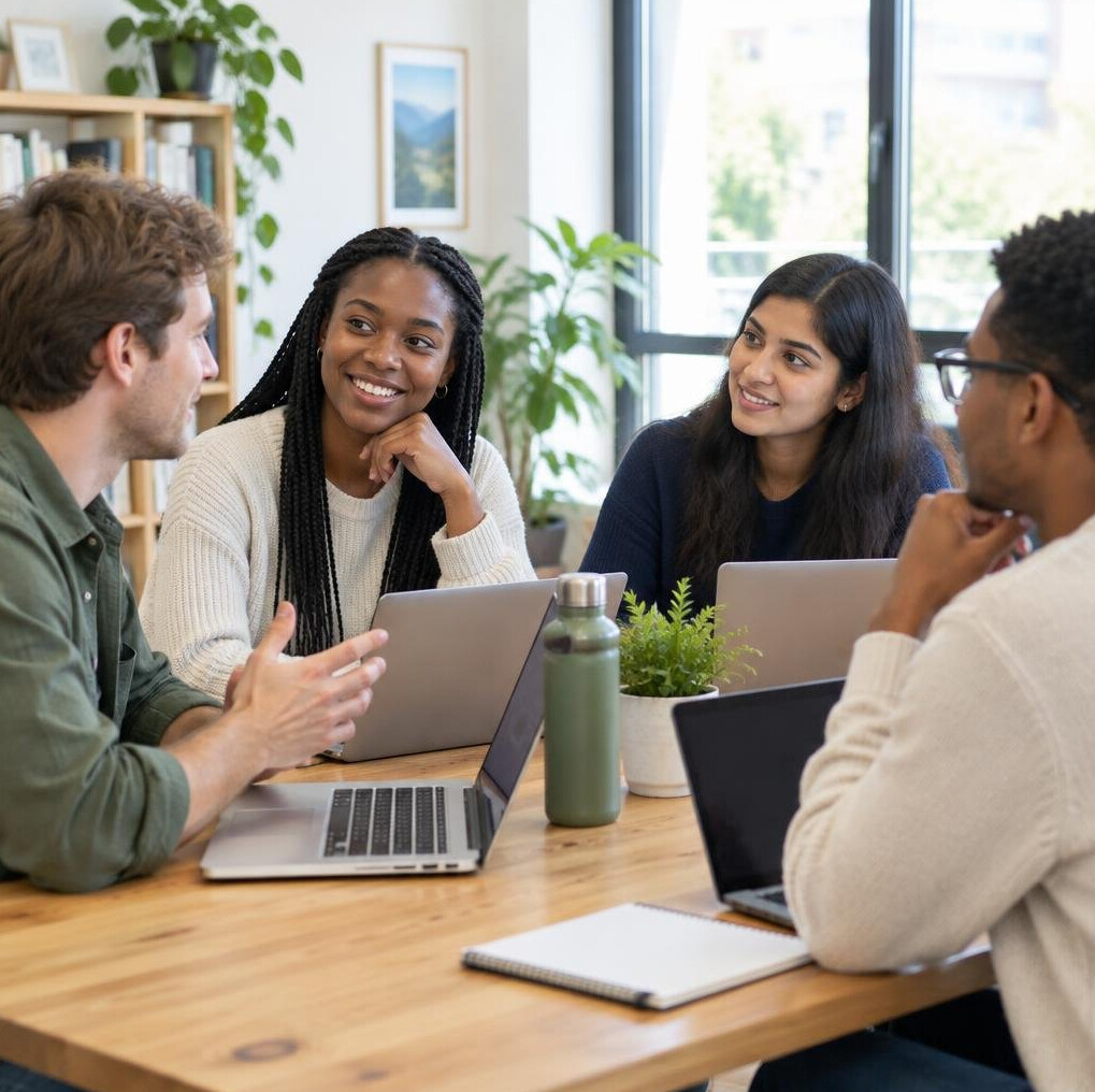 Group of people talking around a table with laptops