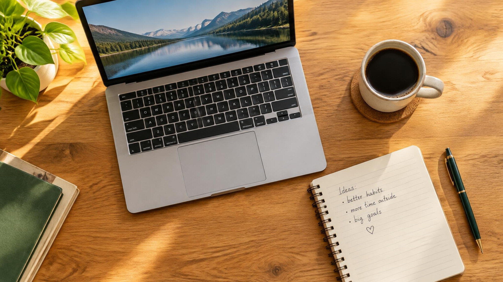Laptop, notebook and coffee on a wooden desk